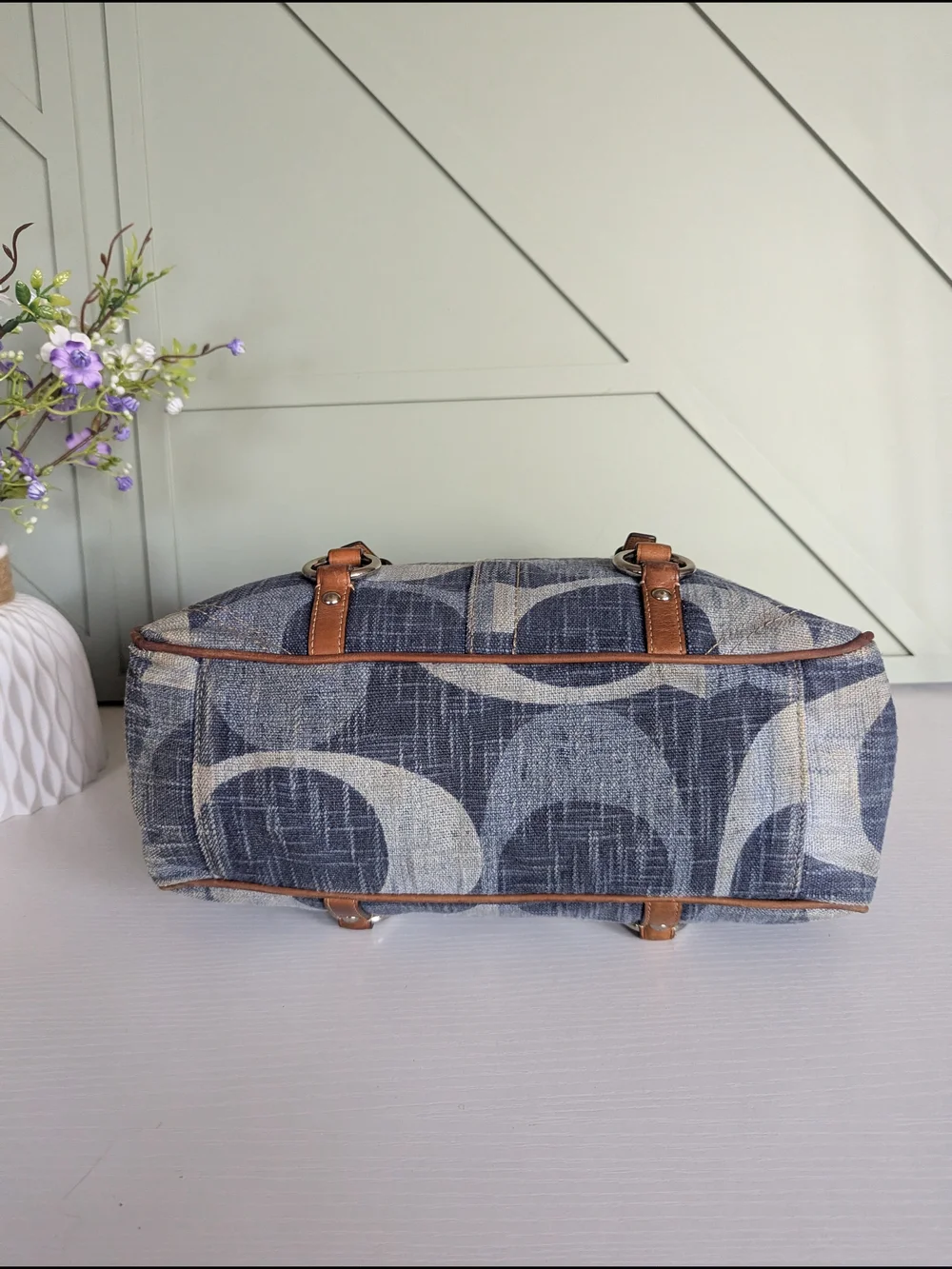 Coach Blue Pattern Logo Tote with Brown Trim
